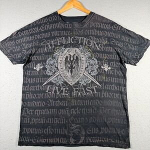 Affliction Mens Graphic T Shirt Live Fast Black Large Skeleton Soldier Y2K